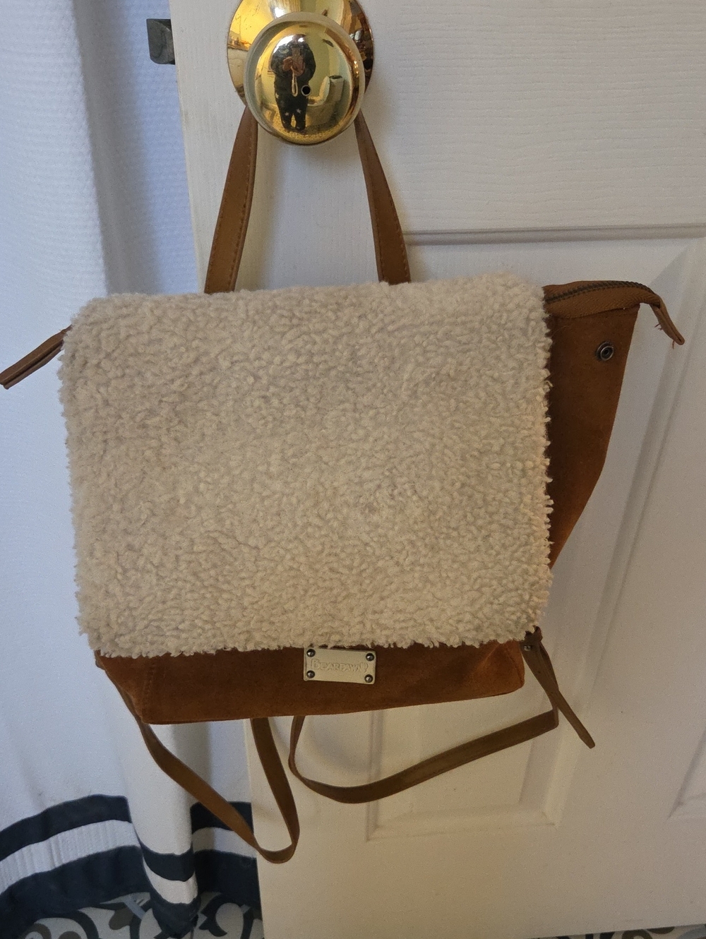 BearPaw Backpack Suede & Sherpa Flap Shoulder Bag in Camel and Cream
